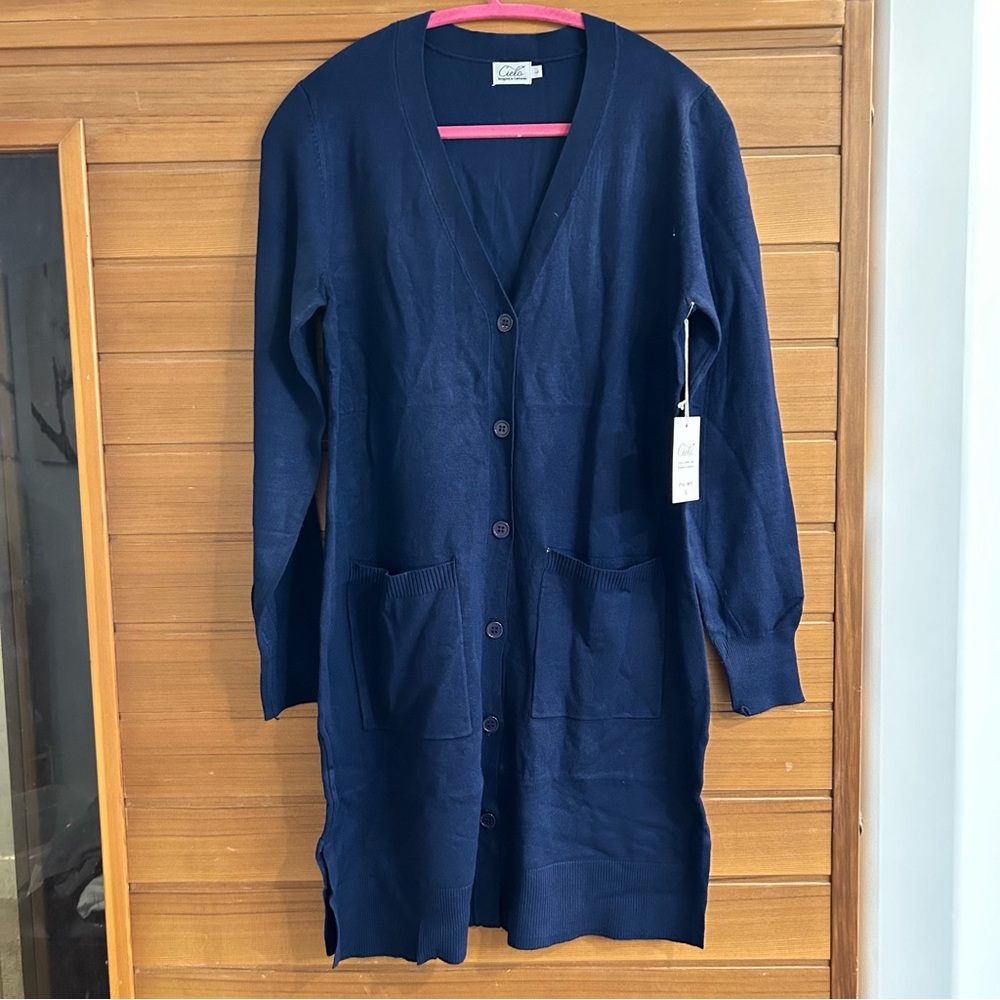 NWT Women’s Size L Cielo Long Sleeve navy Button Cardigan Knit Layering Classic